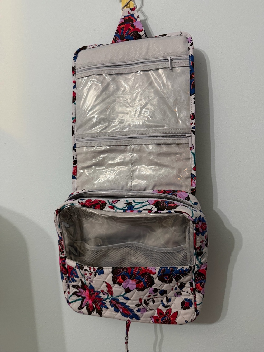 aerie Quilted Hanging Floral Cosmetic Bag - White with Pink & Blue Accents
